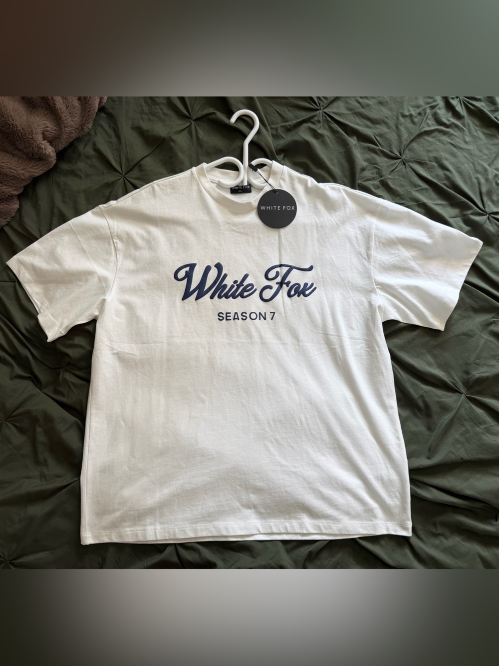 White Fox Boutique White Tee with Navy Script Logo